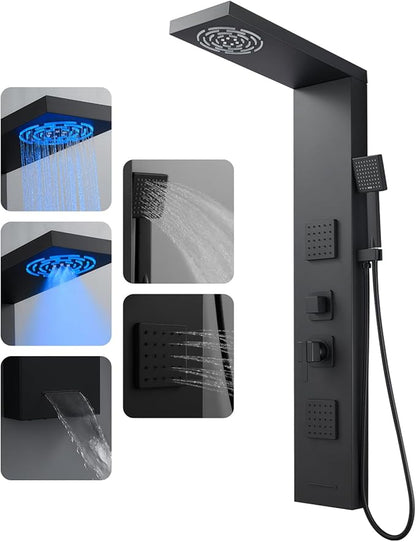 ROVOGO 46.5"H x 7.8"W Shower Panel Tower System with Led Lights, Rainfall Mist Shower Head, Body Jets, Handheld and Tub Spout, Stainless Steel Shower Column with Mixer Valve, Black