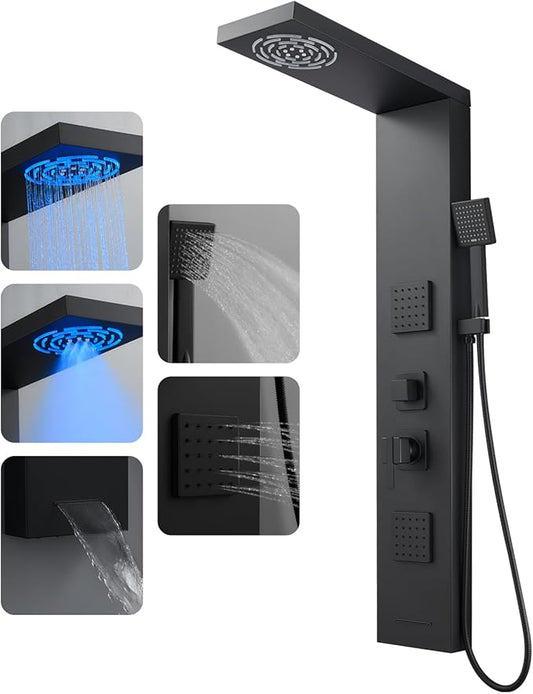 ROVOGO 46.5"H x 7.8"W Shower Panel Tower System with Led Lights, Rainfall Mist Shower Head, Body Jets, Handheld and Tub Spout, Stainless Steel Shower Column with Mixer Valve, Black