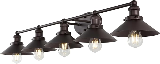 JONATHAN Y 46" Oil Rubbed Bronze 5-Light Industrial Farmhouse Metal Vanity Light Wall Sconce, Metal Shade for Bathroom Mirror, Kitchen, Entryway, LED Bulb Included (JYL7905A)