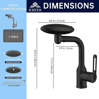 Bathroom Sink Faucet 1 Hole, Matte Black Multifunctional Basin Faucet with 4 Water Outlet Modes, Modern 360°Rotatable Bar Tap with Two Water Supply Pipes