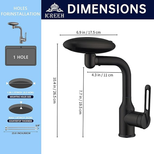 Bathroom Sink Faucet 1 Hole, Matte Black Multifunctional Basin Faucet with 4 Water Outlet Modes, Modern 360°Rotatable Bar Tap with Two Water Supply Pipes