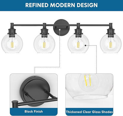 Bathroom Light Fixtures, 4-Light Matte Black Vanity Light Globe Glass Shades, Bathroom Lighting Fixtures Over Mirror, Wall Sconces for Master Bathroom, Guest Bathroom, Powder Room, 28-inch