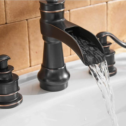 8 Inch 3 Hole Widespread Bathroom Sink Faucet Two Handle | Oil Rubbed Bronze,Waterfall Spout,with Pop Up Drain Stopper Assembly and Supply Lines,Farmhouse Vanity Mixer Tap,Lead-Free