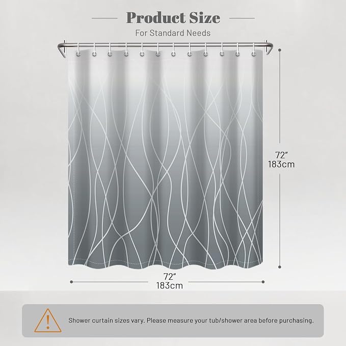 Striped Shower Curtain for Bathroom, Ombre Grey, 72" W x 72" L | with Hooks, Modern Hotel Style, Water Repellent, Washable, Weighted Hem