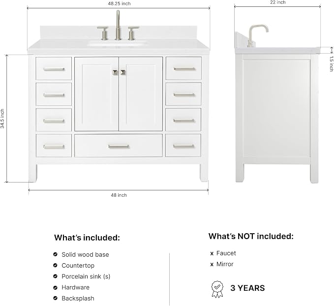 DKB Beckford 48-Inch Bathroom Vanity with Sink — White Single Sink Bathroom Vanity, 1.5" Edge Carrara White Quartz Countertop, Solid Wood, 2 Soft-Close Doors, 9 Dovetail Drawers