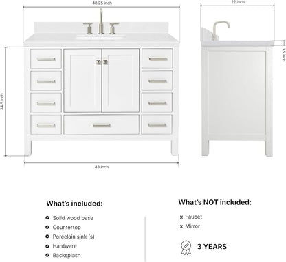 DKB Beckford 48-Inch Bathroom Vanity with Sink — White Single Sink Bathroom Vanity, 1.5" Edge Carrara White Quartz Countertop, Solid Wood, 2 Soft-Close Doors, 9 Dovetail Drawers
