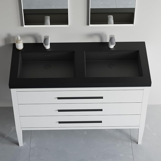 Dowell 49" Bathroom Sink,Double Bowl Vanity Basin,Rectangular Drop-In Bathroom Sink with Overflow,Black-000 4922BPBL