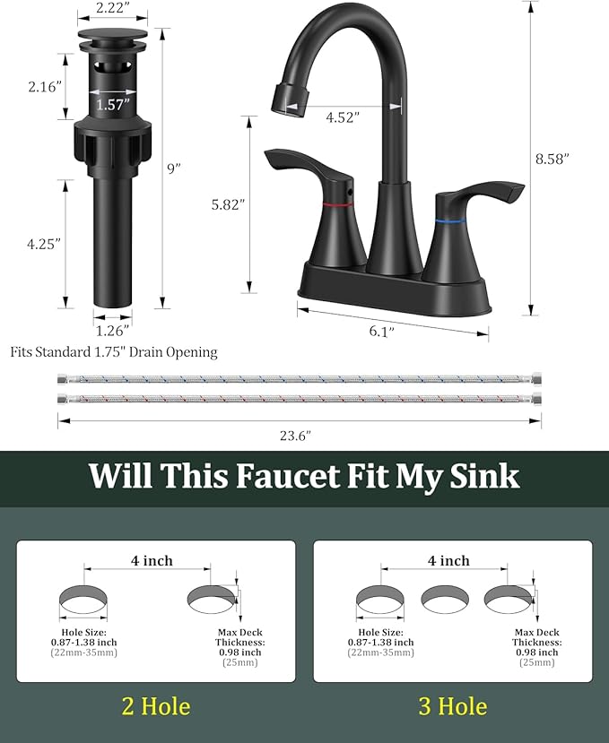 Matte Black Bathroom Faucet 3 Hole, Evolvegoods 4 Inch Stainless Steel Bathroom Sink Faucet, 2 Handle Centerset Faucet for Bathroom Sink Vanity, with Pop Up Drain and 2 Supply Hoses