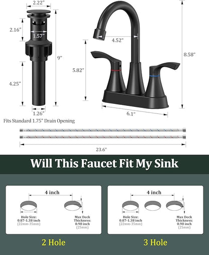 Matte Black Bathroom Faucet 3 Hole, Evolvegoods 4 Inch Stainless Steel Bathroom Sink Faucet, 2 Handle Centerset Faucet for Bathroom Sink Vanity, with Pop Up Drain and 2 Supply Hoses