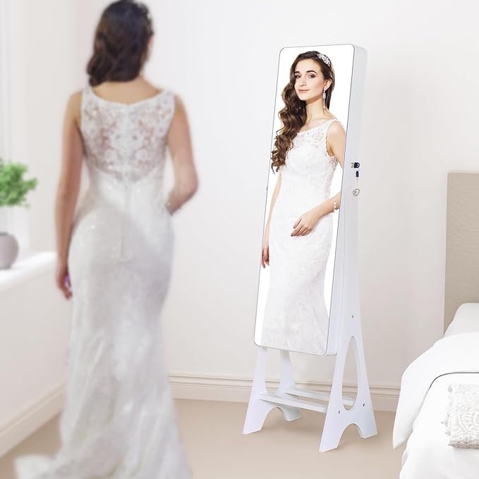 Full Length Mirror Jewelry Armoire Cabinet Standing Organizer | Lockable Jewelry Storage for Women Girl Full-Length Frameless LED Lights 6 Drawers White