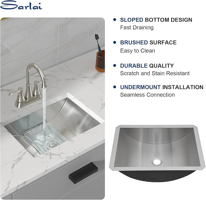 Sarlai Stainless Steel Bathroom Sink Undermount - 20"x14" Bathroom Vanity Sink Stainless Steel Rectangle Undermount Bathroom Lavatory Restroom Under Counter Sinks Basin with Pop Up Drain