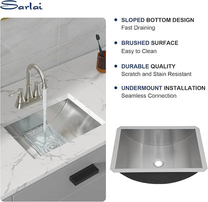 Sarlai Stainless Steel Bathroom Sink Undermount - 20"x14" Bathroom Vanity Sink Stainless Steel Rectangle Undermount Bathroom Lavatory Restroom Under Counter Sinks Basin with Pop Up Drain