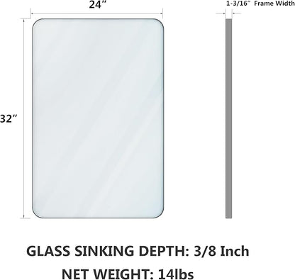 VocalStar Silver Bathroom Mirror for Wall, 24 x 32 Inch Rounded Rectangle Nickel Metal Framed Bathroom Vanity Mirrors, 1/4-inch Shatterproof Glass | Ultra-Flush Hanging