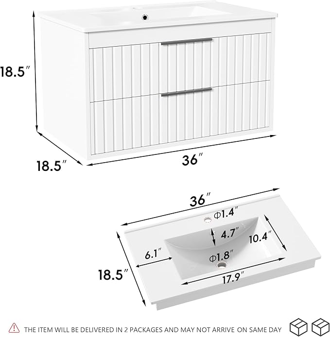 36" Bathroom Vanity with Sink, Floating Vanity Bathroom Sink Cabinet Wall Mount, Soft-Close Function 2 Large Drawers, Grooved Stripe Design, Hidden Damping Drawers, White