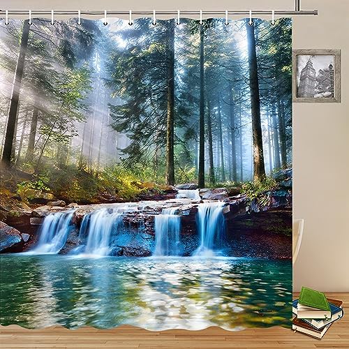 Waterfalls Shower Curtains Outdoor Natural Scenery Forest Sunshine Tree Plant Landscape Courtyard Bathroom Decor Polyester Fabric Curtain Set 80 x 70 Inch with Hooks