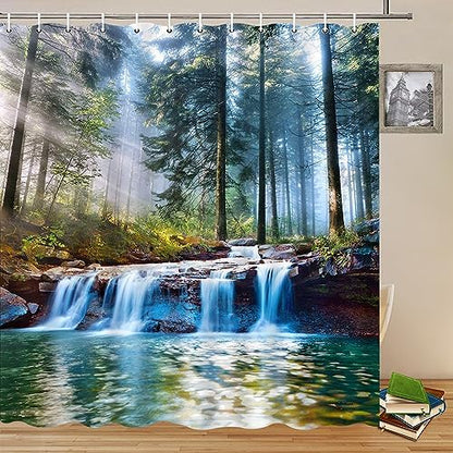 Waterfalls Shower Curtains Outdoor Natural Scenery Forest Sunshine Tree Plant Landscape Courtyard Bathroom Decor Polyester Fabric Curtain Set 86 x 70 Inch with Hooks