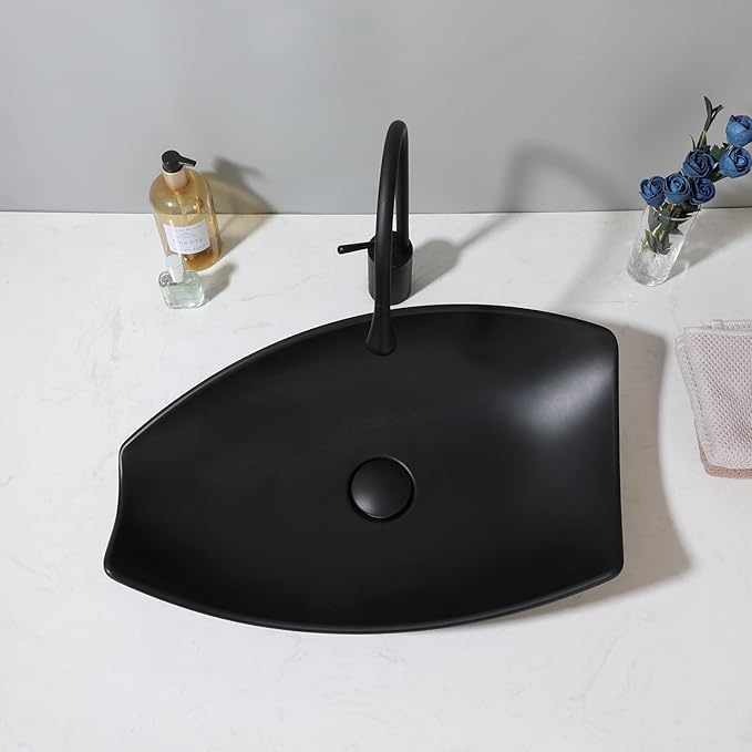 Bathroom Vessel Sink with High Arc Faucet and Pop-Up Drain Combo,21 Inch Stone Resin Sink Basin Above Counter Modern Irregular Rectangular Bathroom Sink Bowl (Black)