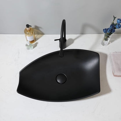 Bathroom Vessel Sink with High Arc Faucet and Pop-Up Drain Combo,21 Inch Stone Resin Sink Basin Above Counter Modern Irregular Rectangular Bathroom Sink Bowl (Black)