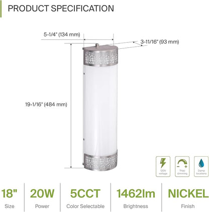 ASD 18 Inch LED Bathroom Vanity Light, 5CCT 2700K-5000K 20W, Dimmable Bathroom Light Fixtures, Modern Vanity Lights for Bathroom Lighting Fixtures Over Mirror, Wall Light Bar, Brushed Nickel, ETL, 4P