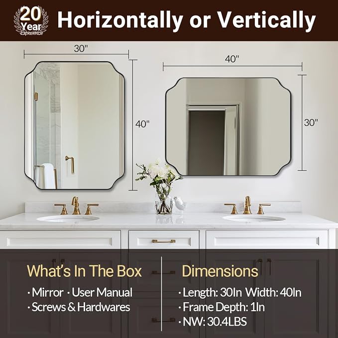 30x40 Inch Matte Black Mirror, Unique Rectangle Mirror for Vanity, Bathroom Mirror in Premium Stainless Steel Metal Thin Frame Deep 1’’, Large Wall-Mounted Mirror(Horizontal/Vertical)