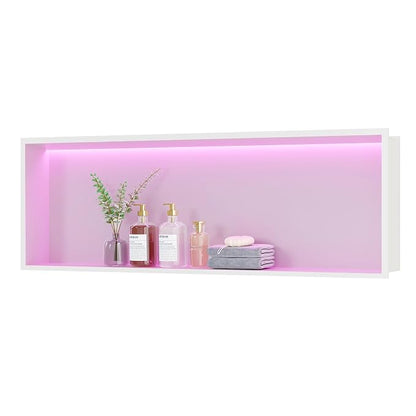 RGB LED Light Shower Niche, White 36X12 in Stainless Steel Built-in Storage with Remote Control, Waterproof No Tile Needed Wall Niche for Bathroom Storage Built-in Installation