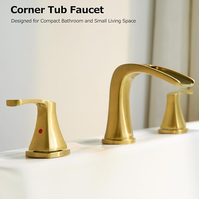 Waterfall 2 Handle Widespread Roman Tub Faucet Brushed Gold | 3 Hole Deck Mount Bathtub Filler with Valve & Supply Lines