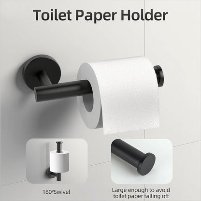 Matte Black Bathroom Hardware Accessories Towel Bar Set 5 Pieces | Stainless Steel Black Towel Rack Set Including 16in Towel Bar Wall Mounted, Toilet Paper Holders, Towel Rings, Towel Hooks