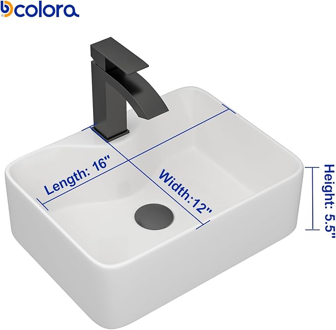 Dcolora 16 in. White Vessel Sink, Rectangular Porcelain Ceramic Above Counter Sink, Small Bathroom Sink with Black Accessories,12"D x 16"W x 5"H #DC-SFDOE00085
