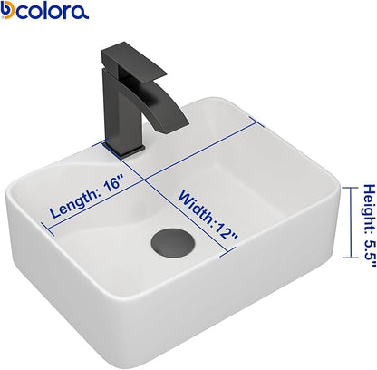 Dcolora 16 in. White Vessel Sink, Rectangular Porcelain Ceramic Above Counter Sink, Small Bathroom Sink with Black Accessories,12"D x 16"W x 5"H #DC-SFDOE00085