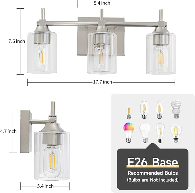 3-Light Modern Bathroom Vanity Light,Brushed Nickel Light Fixtures for Bathroom,Modern Wall Light Over Mirror with Glass E26 Socket (Bulbs Not Included)