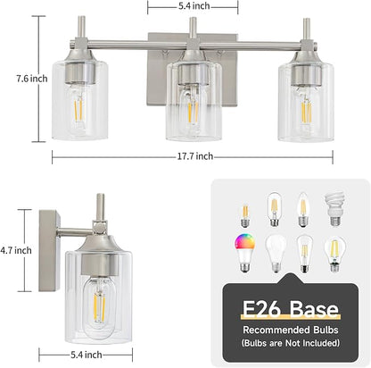 3-Light Modern Bathroom Vanity Light,Brushed Nickel Light Fixtures for Bathroom,Modern Wall Light Over Mirror with Glass E26 Socket (Bulbs Not Included)