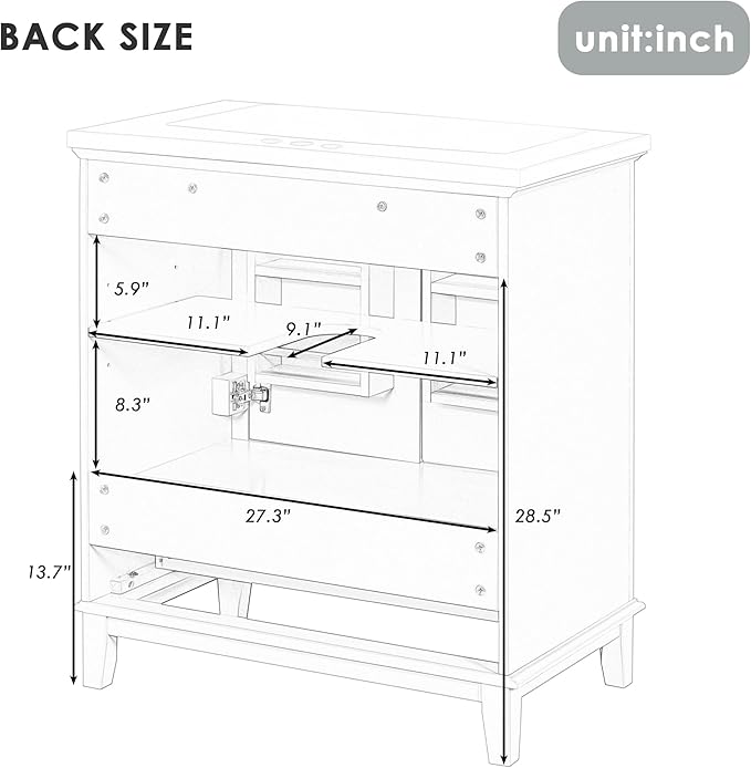 LUMISOL 30" Bathroom Vanity with Sink Set, Modern Single Bathroom Cabinet with Storage Doors and Drawer, Solid Wood Bathroom Vanity with Ceramic Sink, Grey