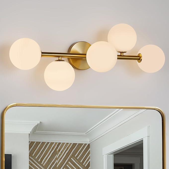 Modern Bathroom Vanity Light Fixtures,LED Brushed Gold Wall Sconce Lighting | 5 Lights Milk Glass Globe Vanity Light,Brushed Gold Bathroom Vanity Light,Dimmable Brass Mid Century Wall Sconces over Mirror