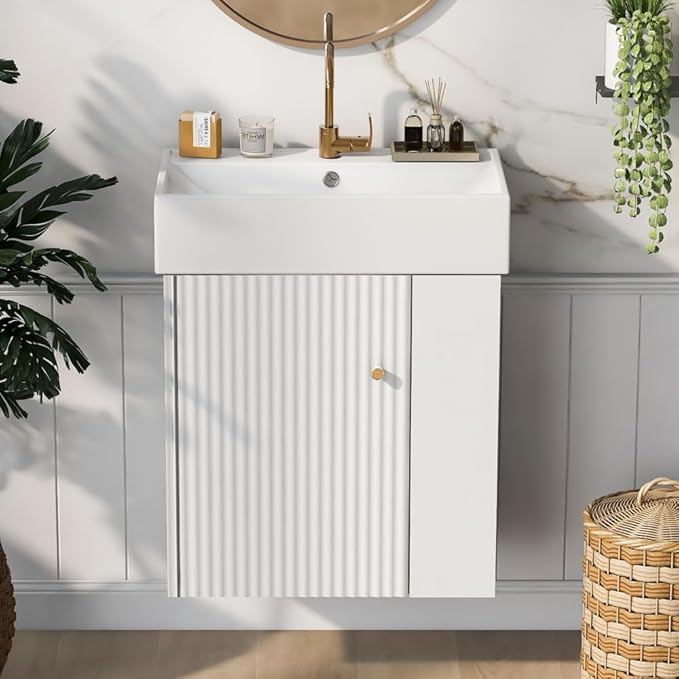 22" Small Bathroom Vanity with Sink, Floating Vanity for Bathrooms with Soft-Close Door and Open Shelf, Wall Mounted Narrow Bathroom Vanities for Compact Bathrooms (White,22" Floating Right Shelf)