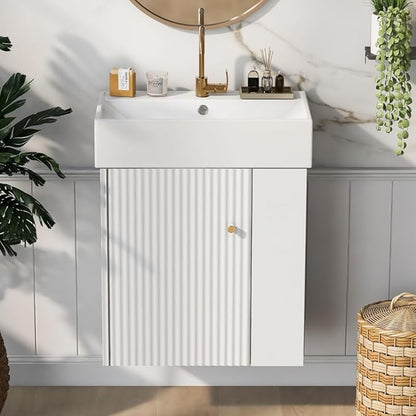 22" Small Bathroom Vanity with Sink, Floating Vanity for Bathrooms with Soft-Close Door and Open Shelf, Wall Mounted Narrow Bathroom Vanities for Compact Bathrooms (White,22" Floating Right Shelf)