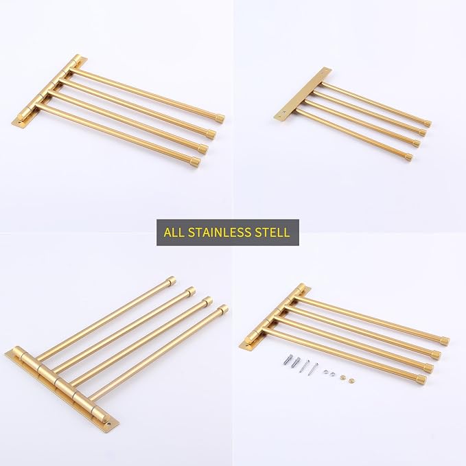 GERZWY Wall Mount Bath Towel Rack with 4 Arms Hanger Towel Holder Bathroom Swing Arm Towel Bars Organizer Stainless Steel Gold Finished HYG04-BE