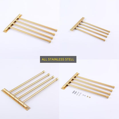 GERZWY Wall Mount Bath Towel Rack with 4 Arms Hanger Towel Holder Bathroom Swing Arm Towel Bars Organizer Stainless Steel Gold Finished HYG04-BE