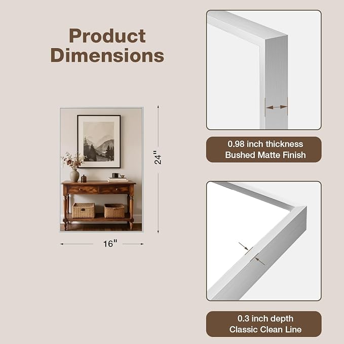 MZON 16" x 24" Brushed Nickel Bathroom Vanity Mirror, Mirror for Over Sink | Aluminum Alloy Frame, Clear Reflection, Rust-Resistant, Vertical or Horizontal, Wall Mount, Bedroom and Entryway