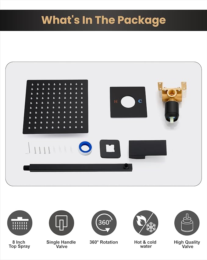 Airuida 8 Inch Matte Black Shower Faucet Set,Shower Valve Kit | Rainfall Shower Head and Handle Set,Female Thread Rough-in Valve Shower Kit,Single Function Shower System