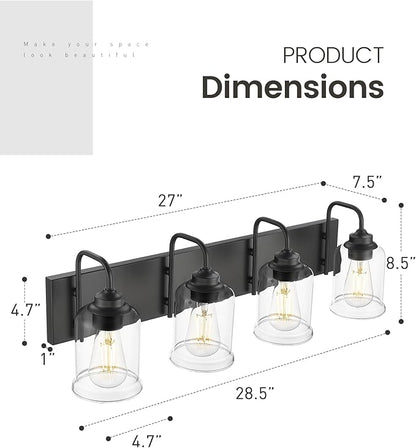zeyu Modern Bathroom Light Fixtures, 4 Light Vanity Lighting, 28.5" Bathroom Mirror Wall Light, Matte Black Finish with Clear Glass Shade, ZSL72B-4W BK