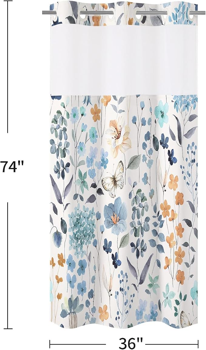 Litabel No Hook Blue Watercolor Floral Shower Curtain and Liner Set, 36x74 | Spring Flower Shower Curtains with Snap-in Liner for Farmhouse Bathroom Decor, Botanical Bathroom Curtain with Leaves
