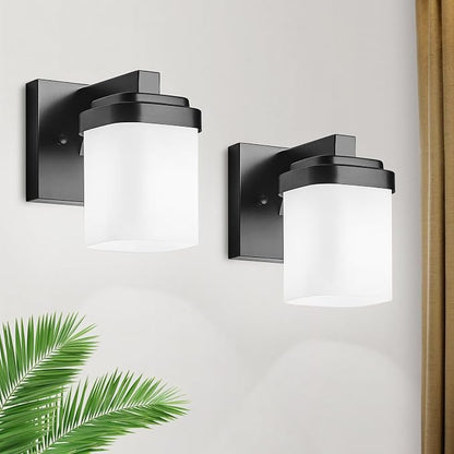 Bathroom Light Fixtures, Vanity Lights Wall Sconces Set of Two | 1-light black bathroom llight fixtures over mirror with milky white square glass shade, 4.72" farmhouse bathroom wall lamps