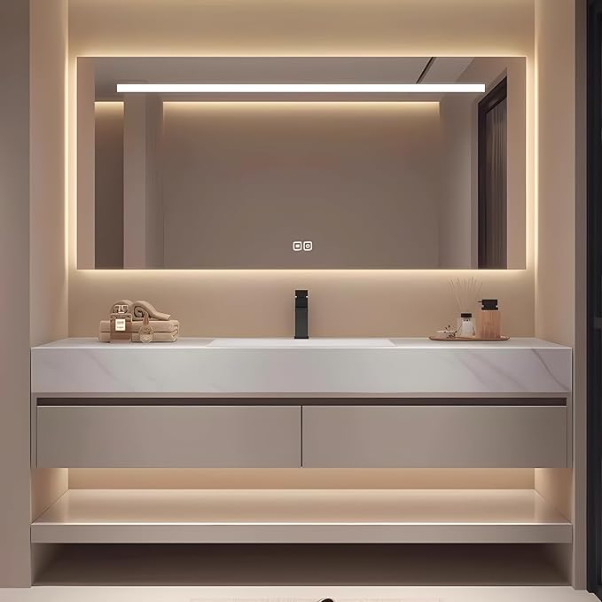 36" Modern Bathroom Vanity Set with LED Mirror, Seamless Design with Ceramic Sink & Quartz Countertop, Paint-Free Multi-Layer Solid Wood Cabinet, Soft-Close Doors, White‌