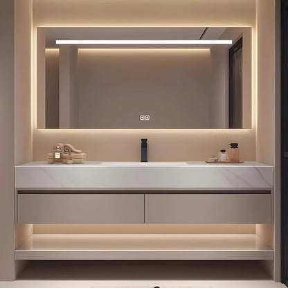 40" Modern Bathroom Vanity Set with LED Mirror, Seamless Design with Ceramic Sink & Quartz Countertop, Paint-Free Multi-Layer Solid Wood Cabinet, Soft-Close Doors, White‌