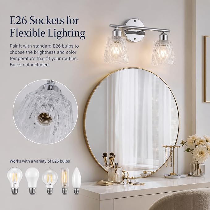Chrome 2 Light Bathroom Vanity Lights with Textured Glass Shades, E26 Sockets, Bathroom Light Fixtures Over Mirror, Modern Lighting Fixtures Wall Lamp Vanity Lights
