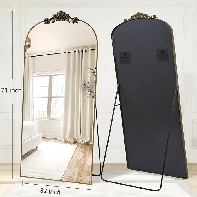 Dewfig Arched Full Length Mirror, 71"x32" Floor Mirror with Carved, Bronze | Antique Full Body Mirror, HD Shatterproof Tempered Glass, Lean/Stand/Wall for Bedroom, Living Room, Cloakroom, Home Decor