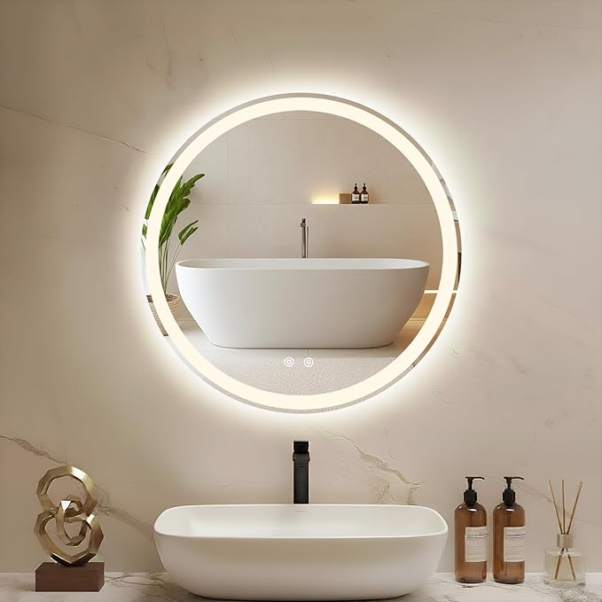 DUMOS 24 Inch Round LED Bathroom Mirror with Lights, Circle Vanity Mirror with Anti-Fog, Dimmable, 3-Color Light, Memory Function, Tempered Glass