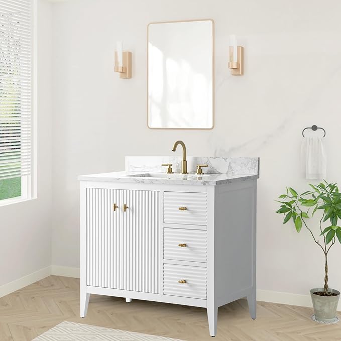 HOMEBEYOND 36" Bathroom Vanity with Sink, Solid Wood Bathroom Vanity Free-Standing Cabinet, Drawers, Ceramic Top & Soft Closing Door, Golden Brushed Handware, White