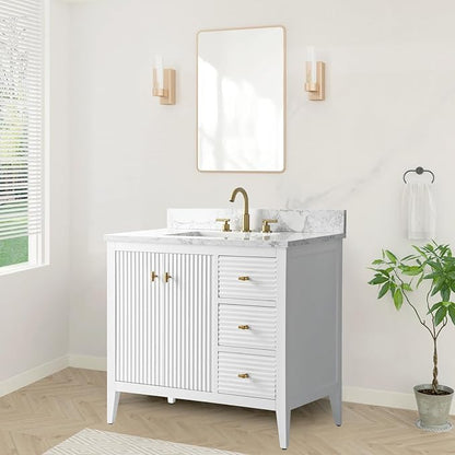 HOMEBEYOND 36" Bathroom Vanity with Sink, Solid Wood Bathroom Vanity Free-Standing Cabinet, Drawers, Ceramic Top & Soft Closing Door, Golden Brushed Handware, White