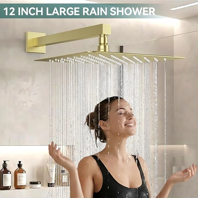 Shower System Shower Faucet Set, STARBATH 12" Wall Mount Rain Shower Head and Handheld Spray for Two Person, Rainfall Shower System with Diverter Valve and Trim Kit Complete，Brushed Gold